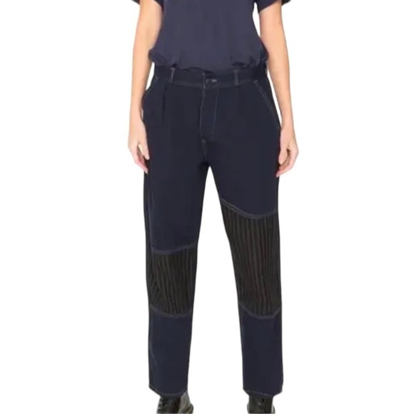 Sandrine Rose x Free People Pants Size 27 NWT French Worker Blue/Black Pinstripe - Picture 1 of 12